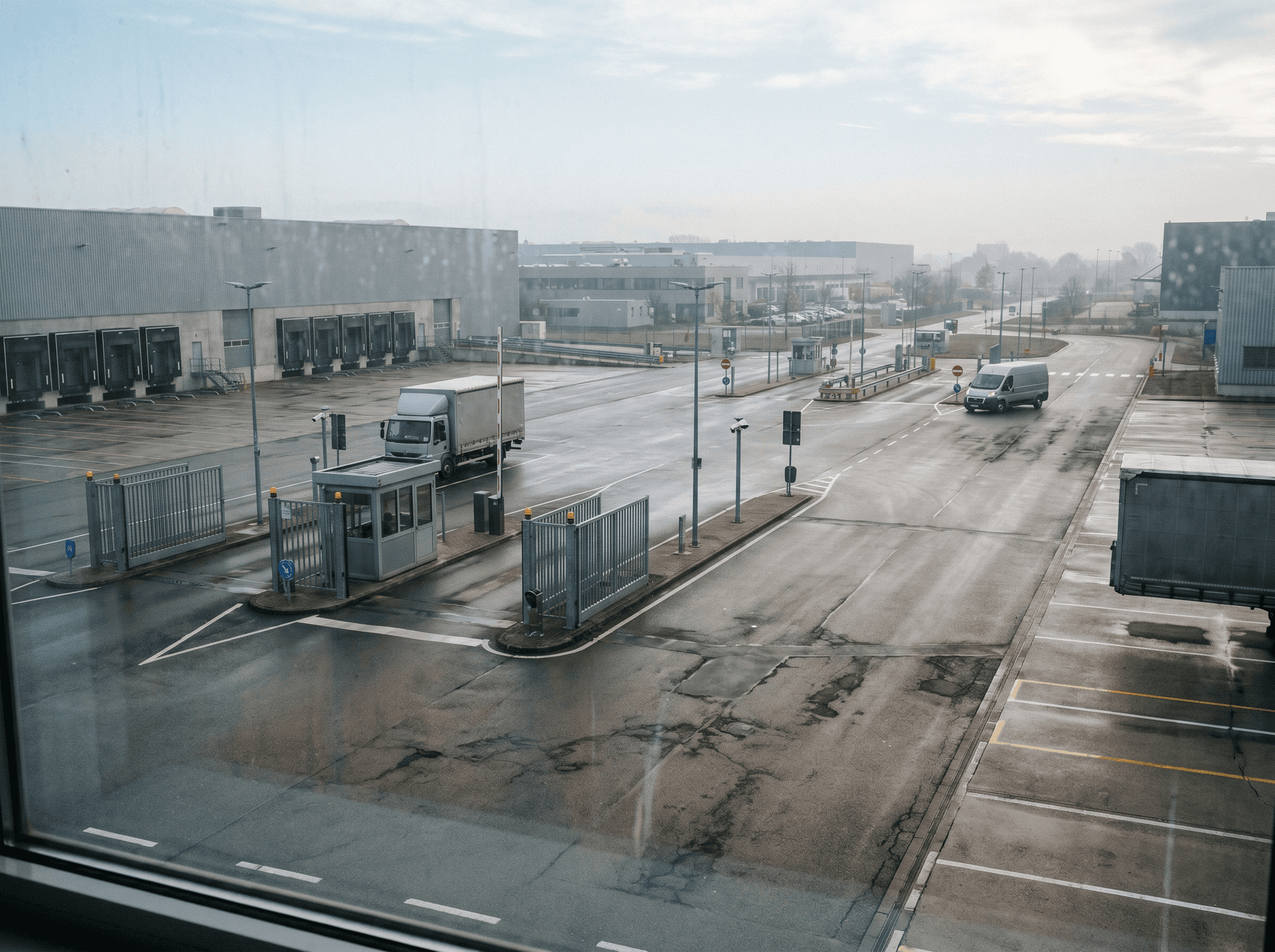 Blick auf ein Logistikgelände mit Zufahrt, Toranlage und wenigen Fahrzeugen