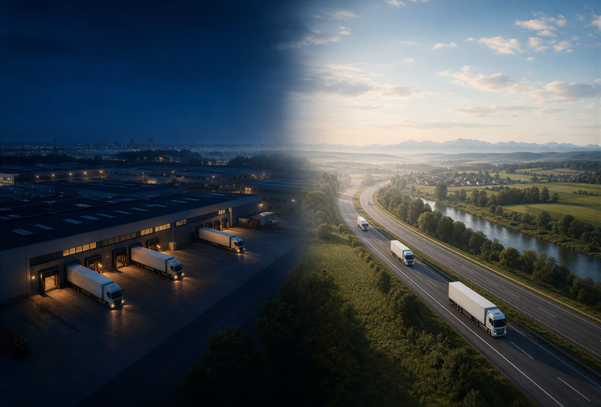 Logistikhalle mit Lkw, Autobahn und Landschaft als Symbol für Carrier-Netzwerke