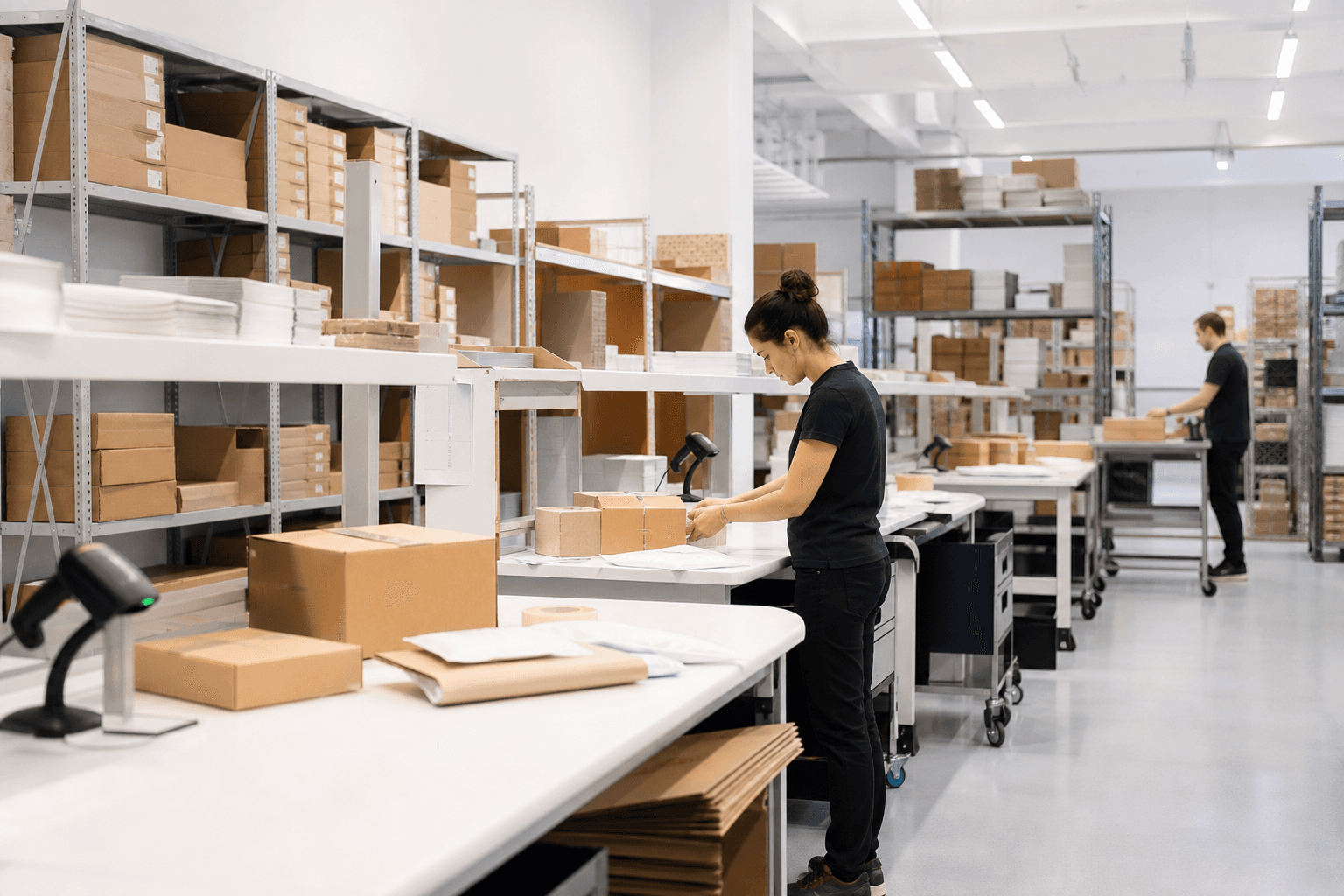 Fulfillment-Arbeitsplatz mit Paketen und Regalen