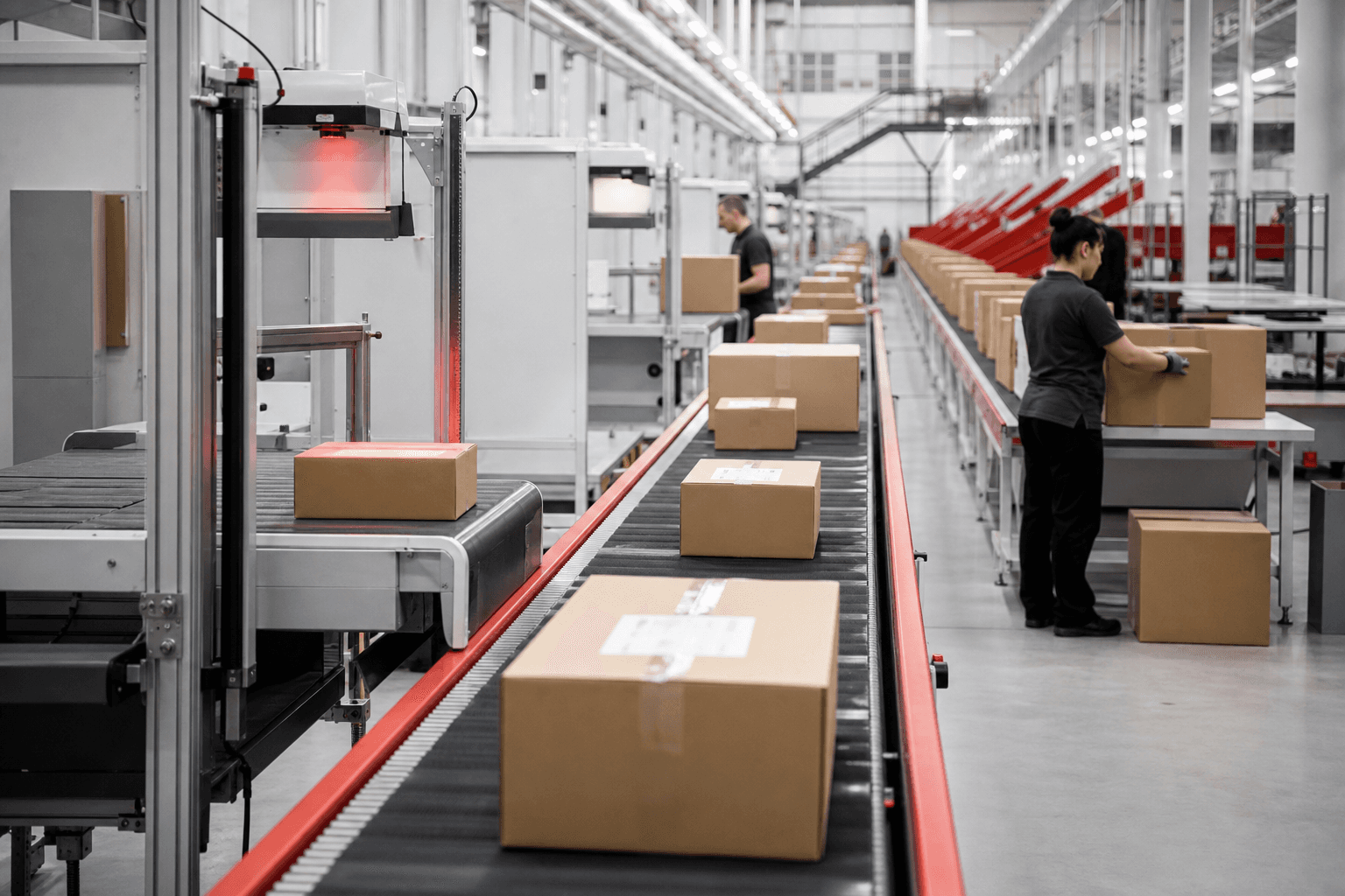 Pakete auf einer Sortieranlage in einem Logistikzentrum